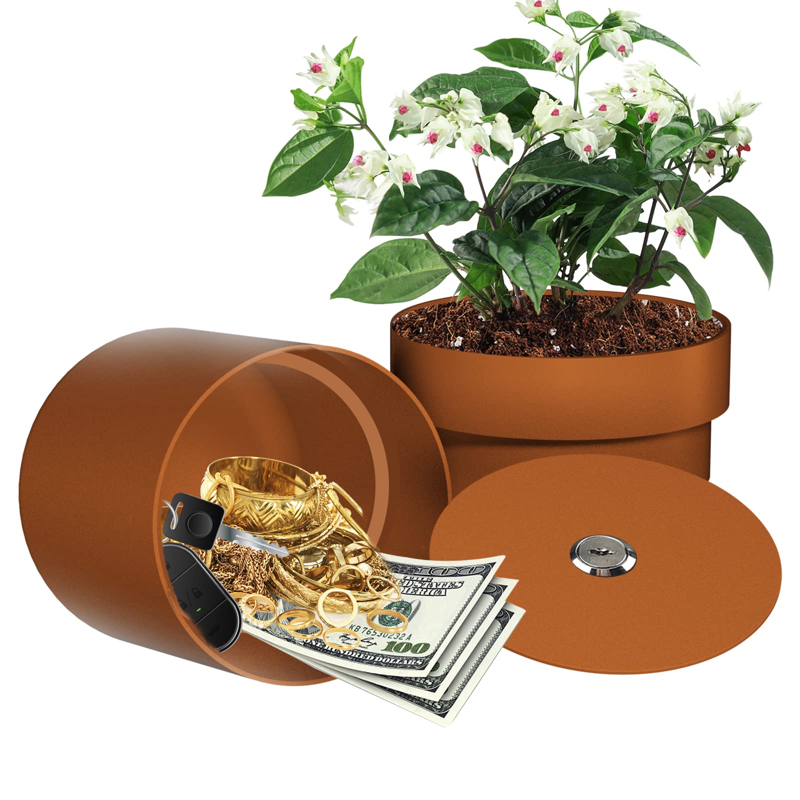 Metal Flower Pot Hidden Safe, Secret Diversion Safe with Lock for